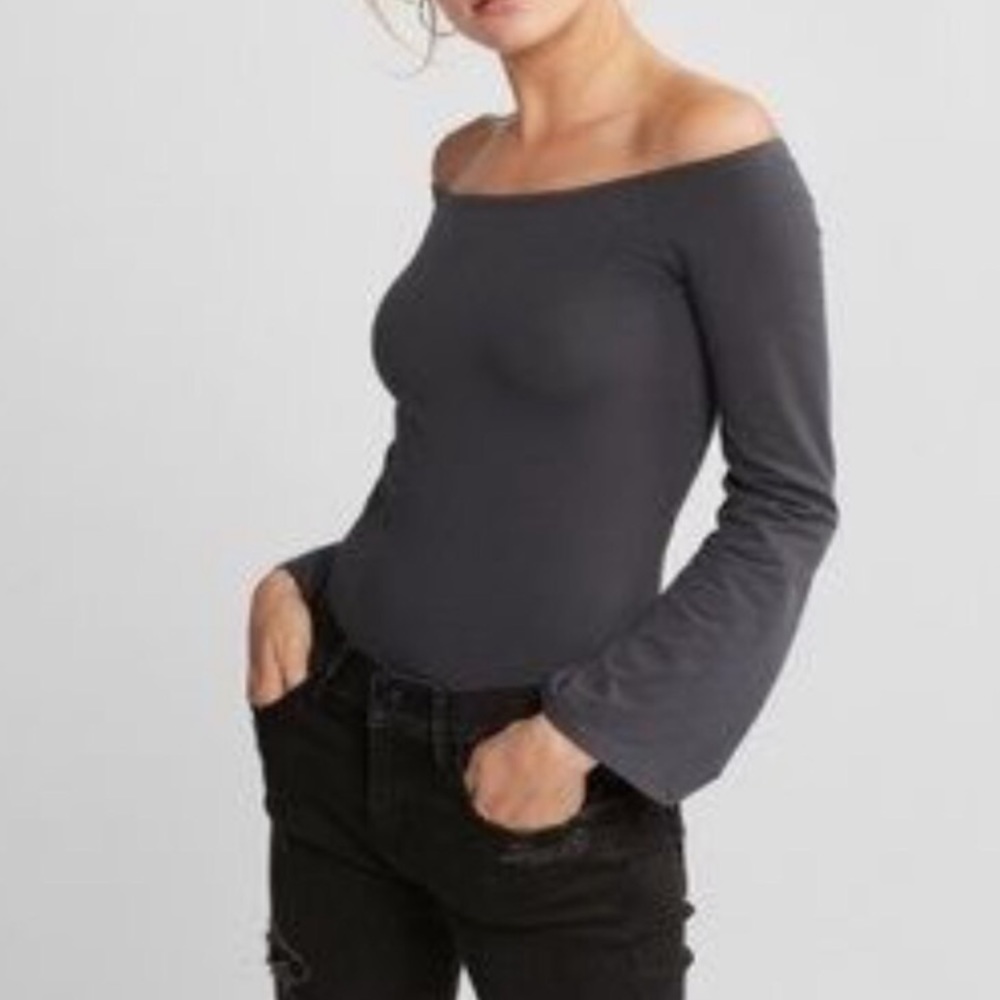 Express ~ Off shoulder flare sleeve grey bodysuit